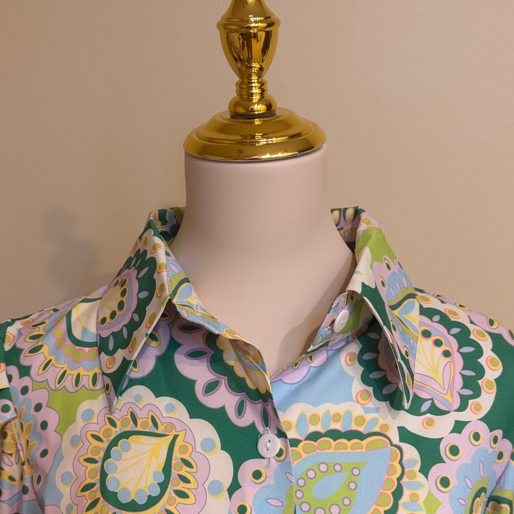 SundayUp Belted Paisley Shirt Dress Size M Retro Mod Pastel Green Blue Lilac - Picture 4 of 8